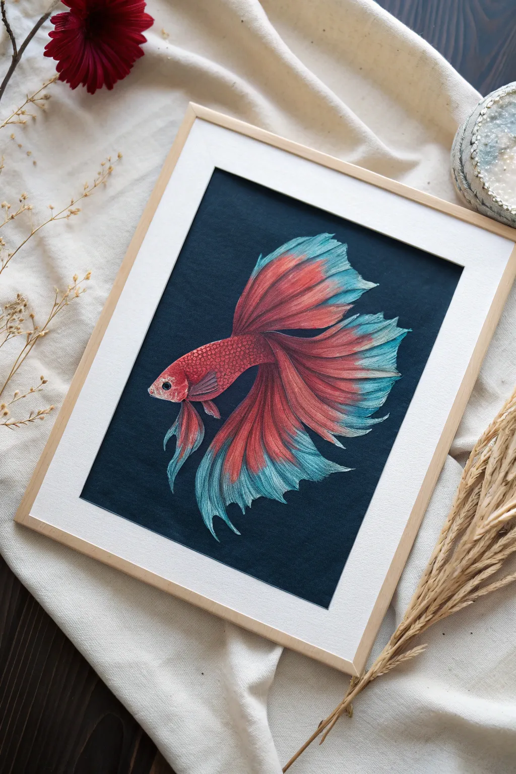 Dramatic betta fish painting idea with ribbon fins, bold reds and blues on deep midnight ink