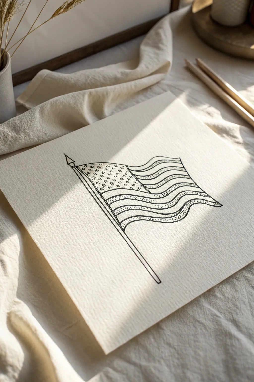 Contour-line stripes wrap a waving flag, compressing in folds and stretching across calm waves