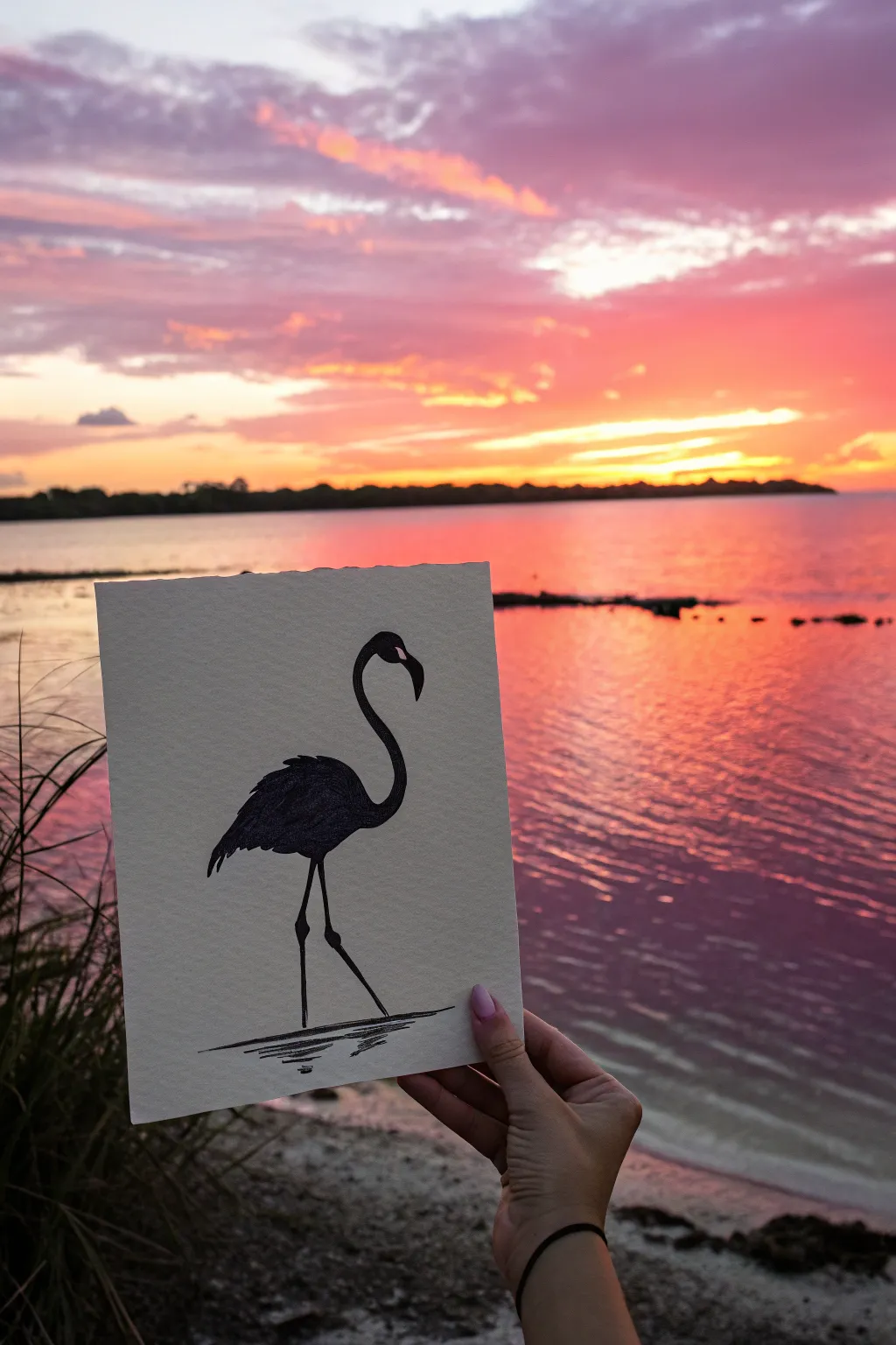Paint a striking sunset flamingo silhouette with a simple horizon and shimmering water reflection