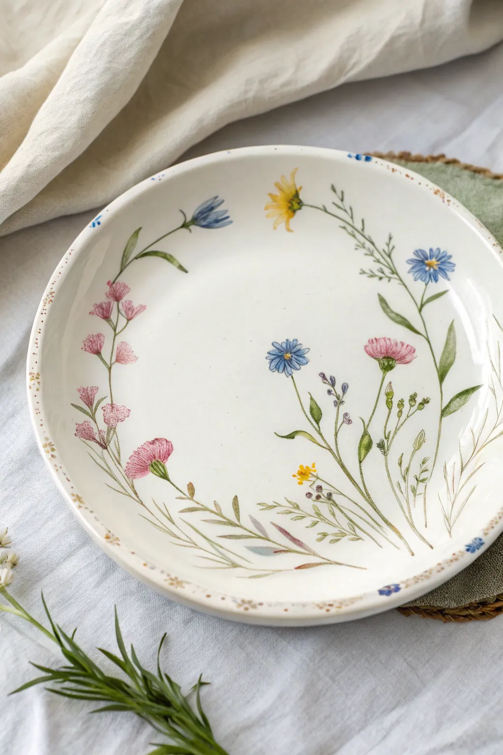 Wildflower rim scatter on a white plate, airy brushwork and calm minimalist contrast.