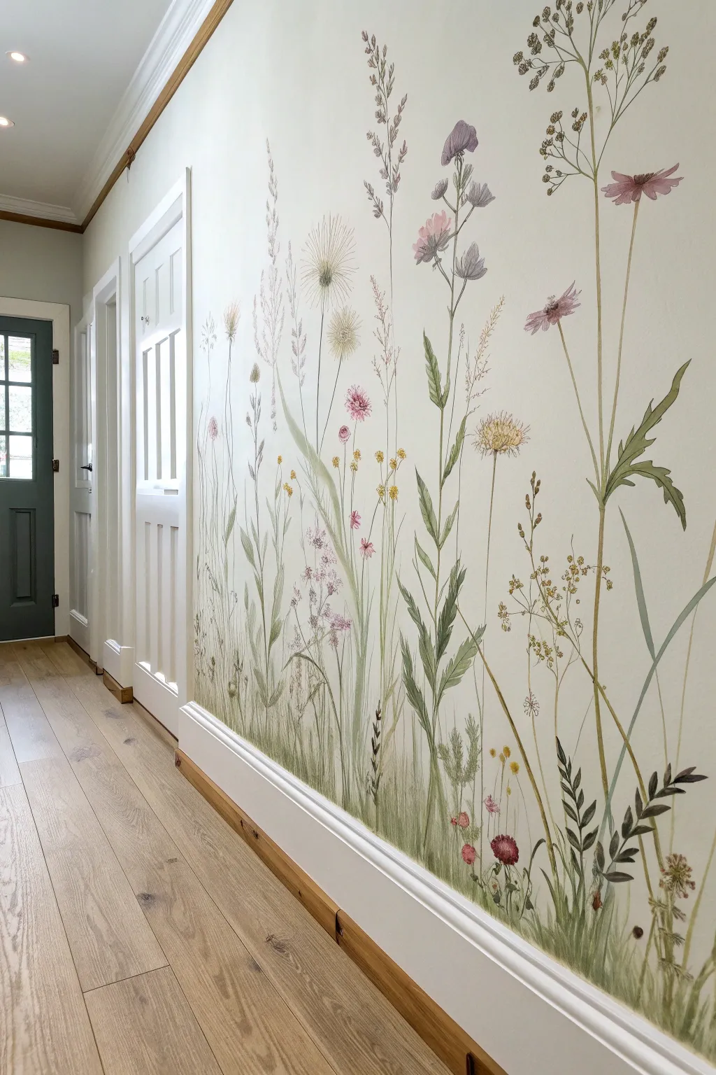 A wildflower meadow mural rising from the baseboard, leaving airy calm space above.