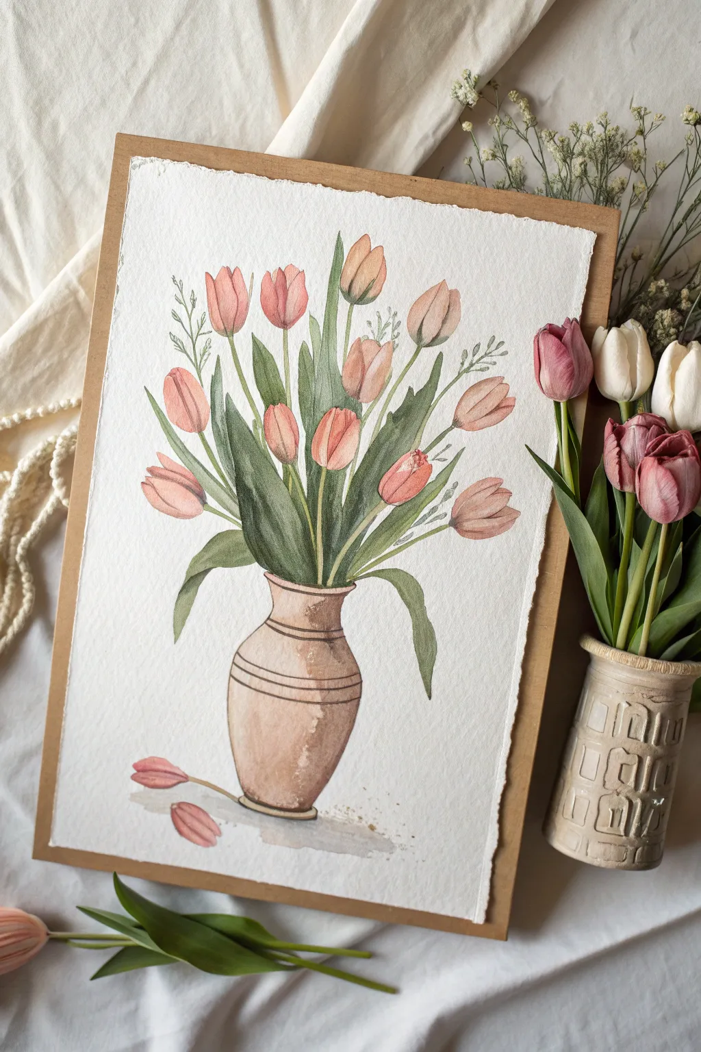 Beginner-friendly tulip bouquet in a painted vase, minimalist Scandinavian boho charm.