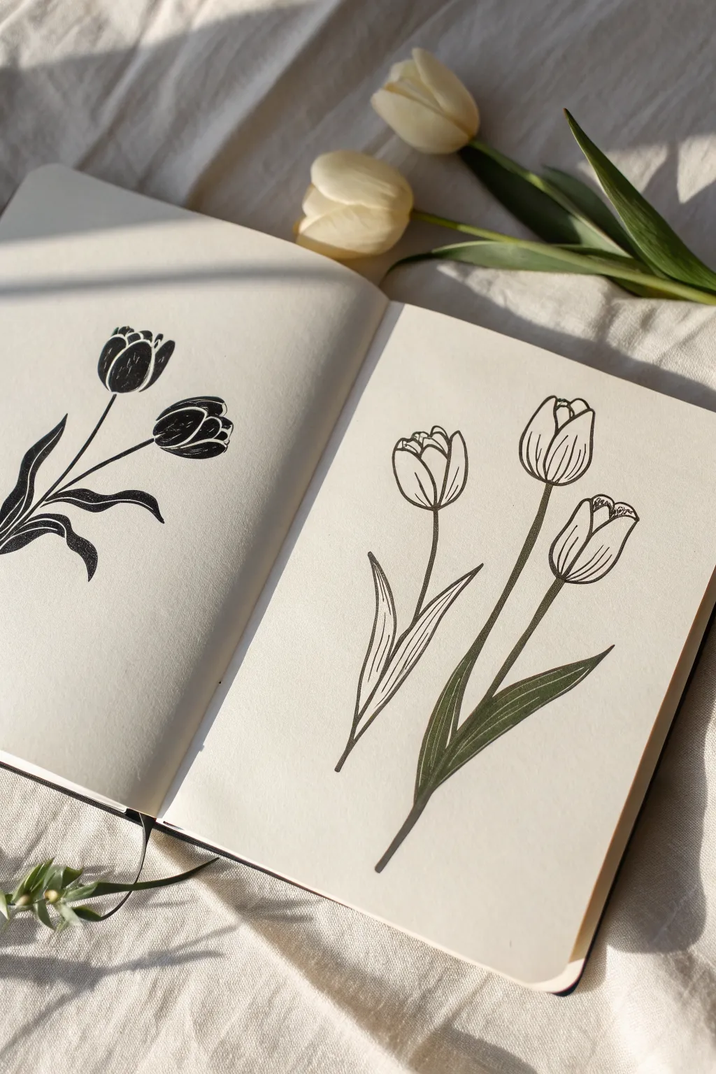 Minimal tulip doodles in side and front view, simple buds and blooms with long leaves