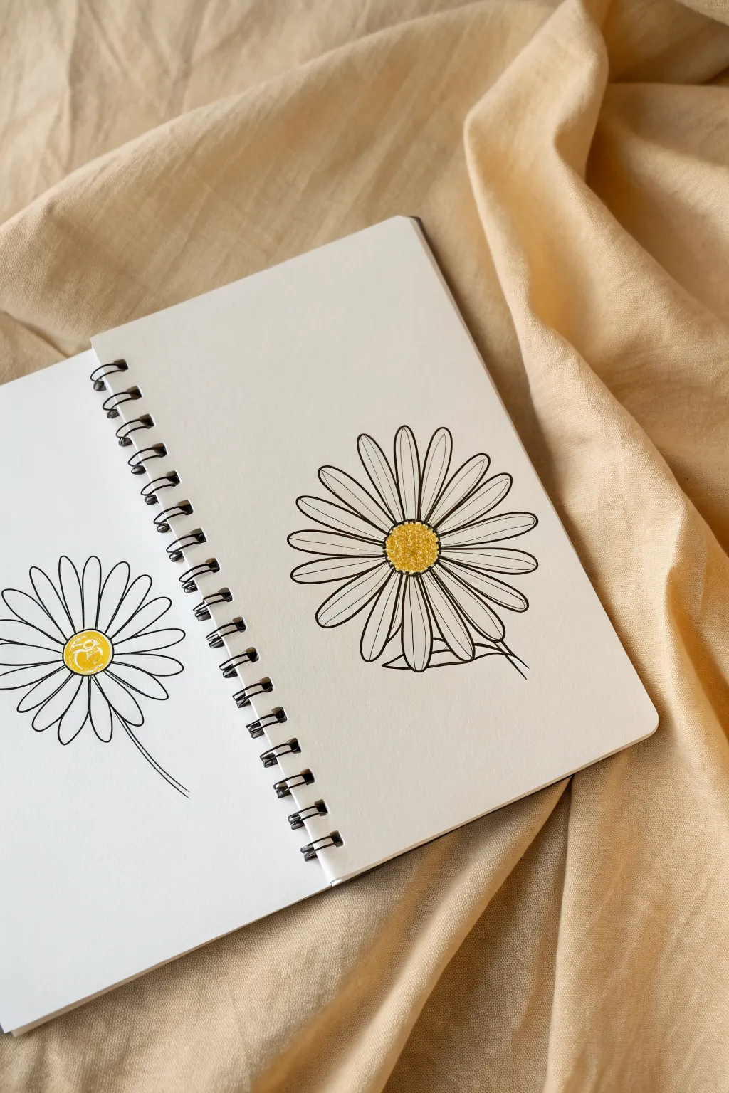 Cheerful daisy with oval petals: simple line art plus a soft yellow center for beginners
