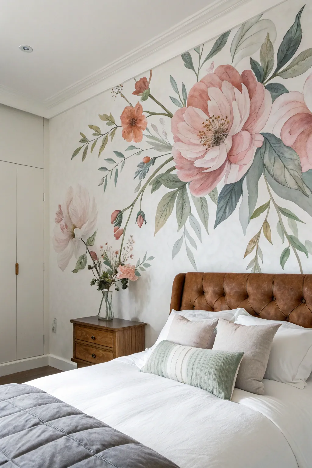 Dreamy watercolor flower mural above the headboard for a calm, airy Scandinavian bedroom