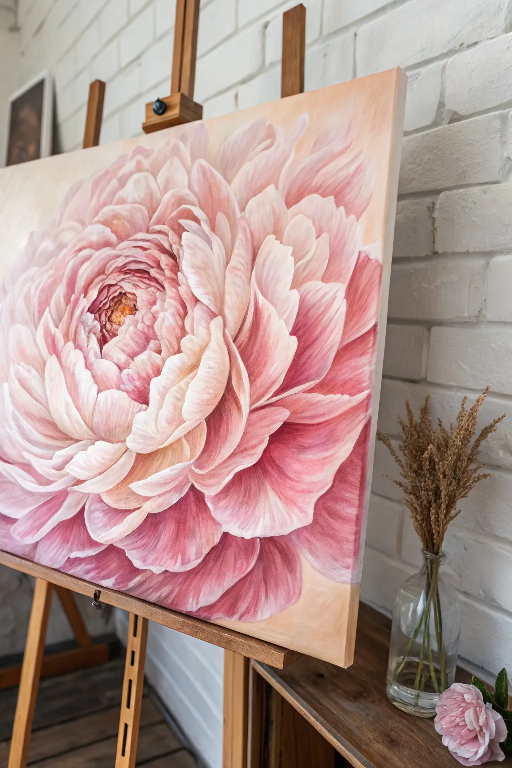 Macro peony petals in oils, soft blended swirls and creamy highlights for calming minimal boho vibes.