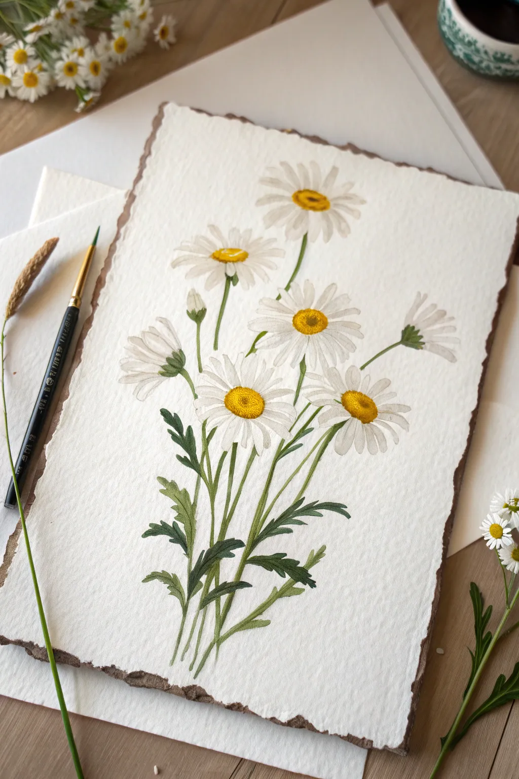 Simple daisy cluster with a one-stroke petal look, crisp whites and sunny yellow centers.