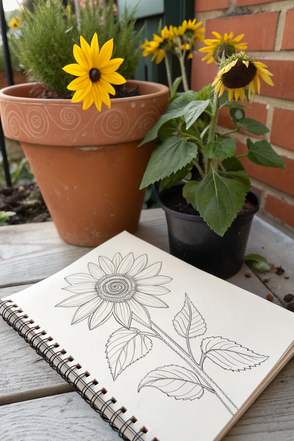 Bold sunflower pot drawing with big simple shapes, perfect for minimalist boho decor ideas.