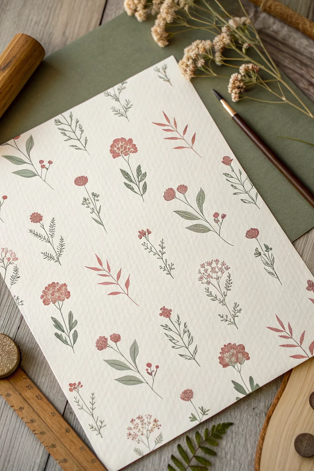 Handmade all-over floral stamps like wrapping paper, Scandinavian palette with boho ribbon.