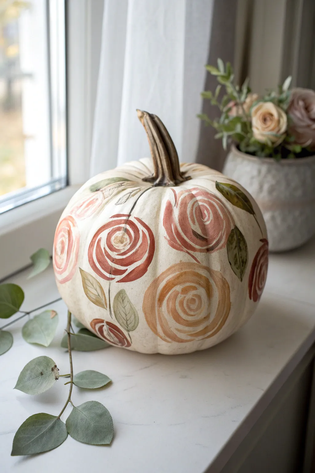 Loose rose swirls in warm neutrals on a pumpkin, soft brushstrokes with minimalist boho charm.