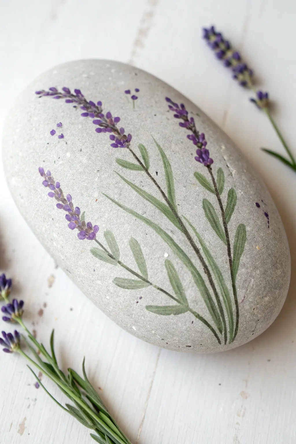 Lavender sprigs painted on a smooth gray stone, minimalist Scandinavian boho craft inspiration.