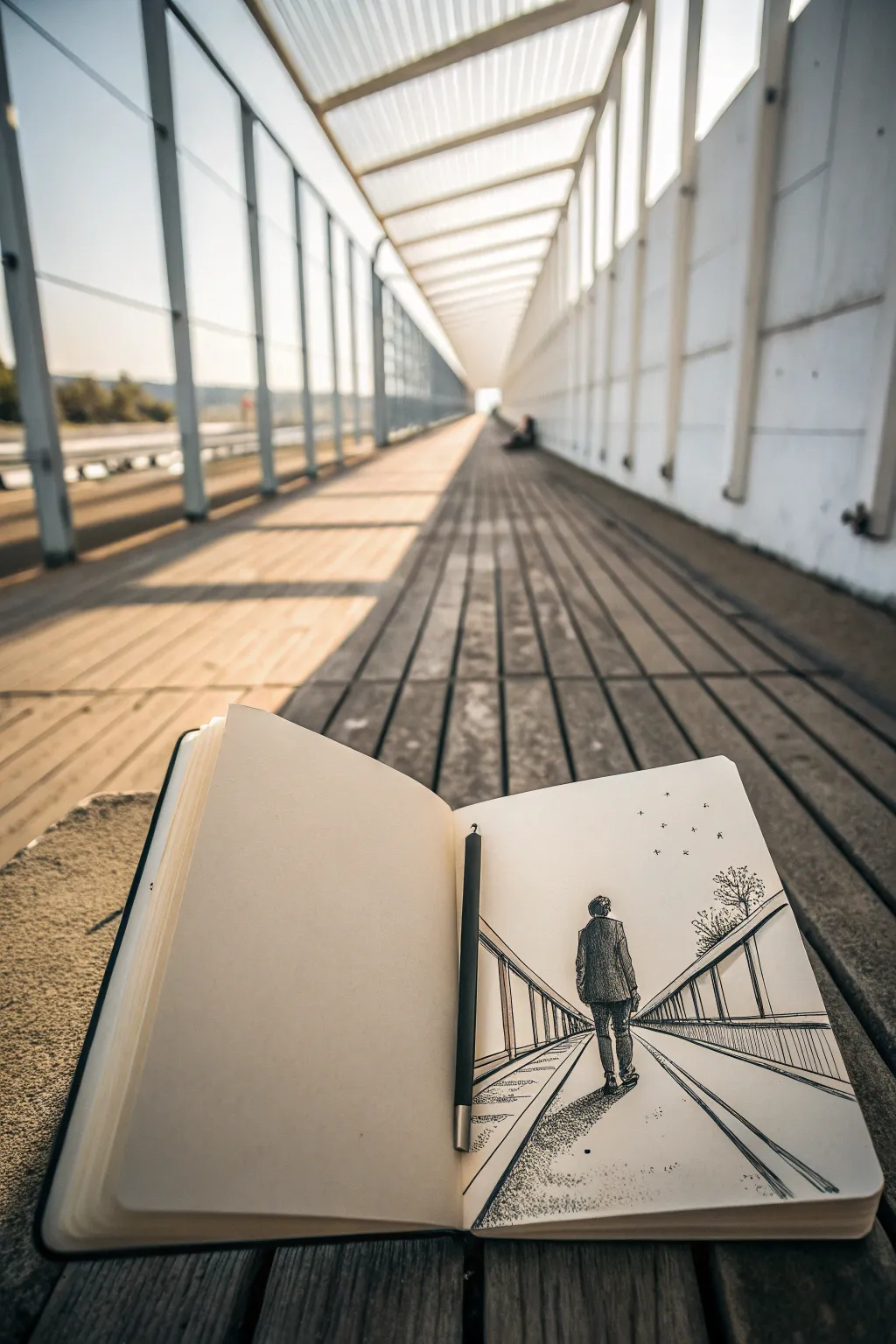 One-point perspective sketch with bold leading lines and a tiny figure at the vanishing point
