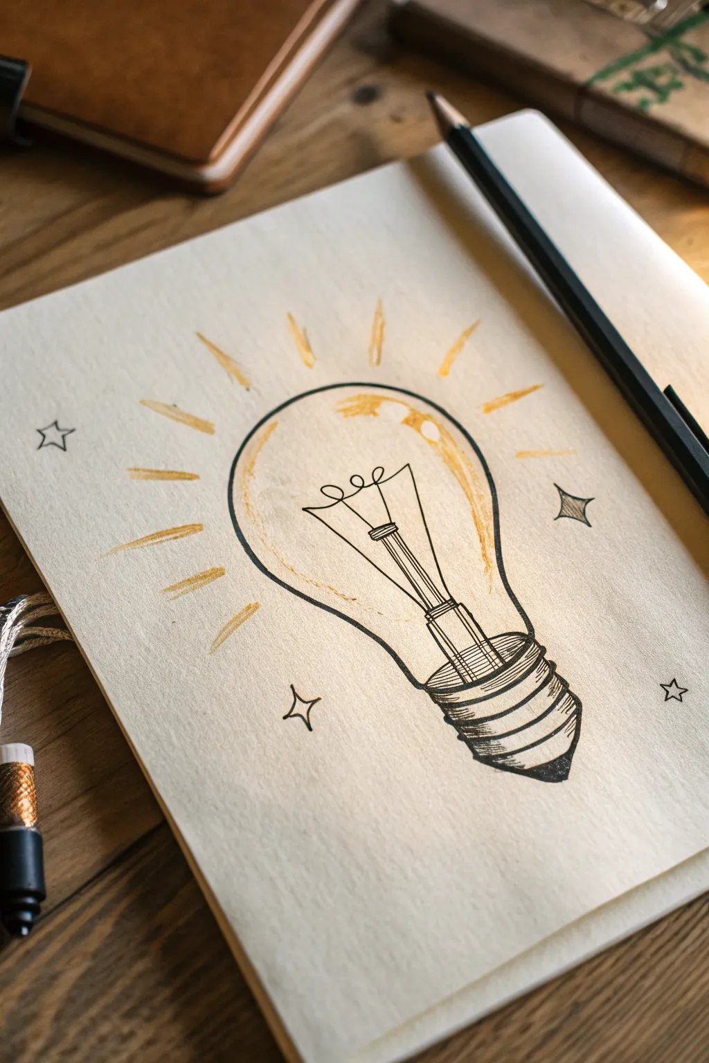 A minimalist lightbulb sketch with a warm halo and tiny sparks to capture a clear focus moment.