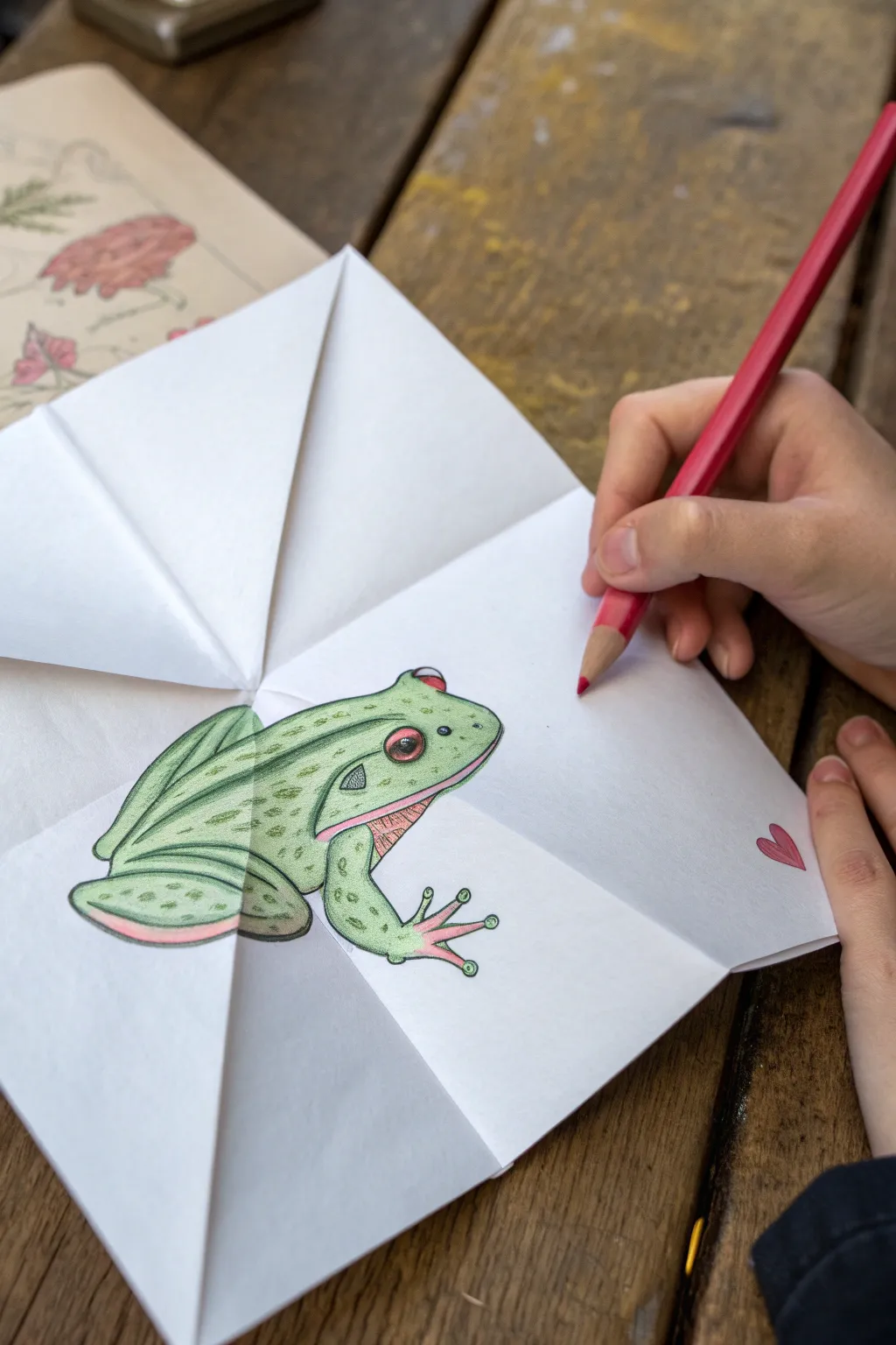 Fold, draw, then unfold the surprise: a sweet frog whose giant tongue snaps at a tiny fly.