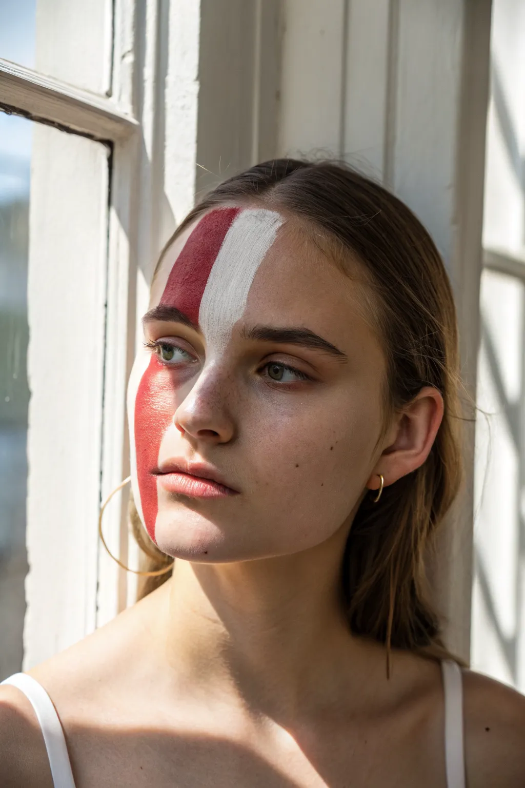Crisp two-tone half-face paint for game day, clean center line and minimalist jersey vibe.