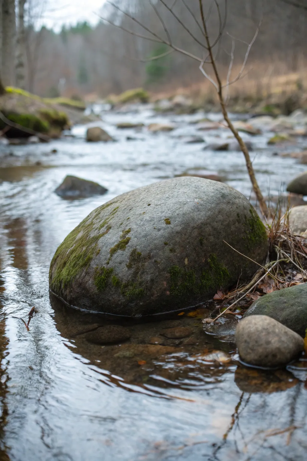A smooth creek boulder with branch reflections and warm highlights for serene forest vibes