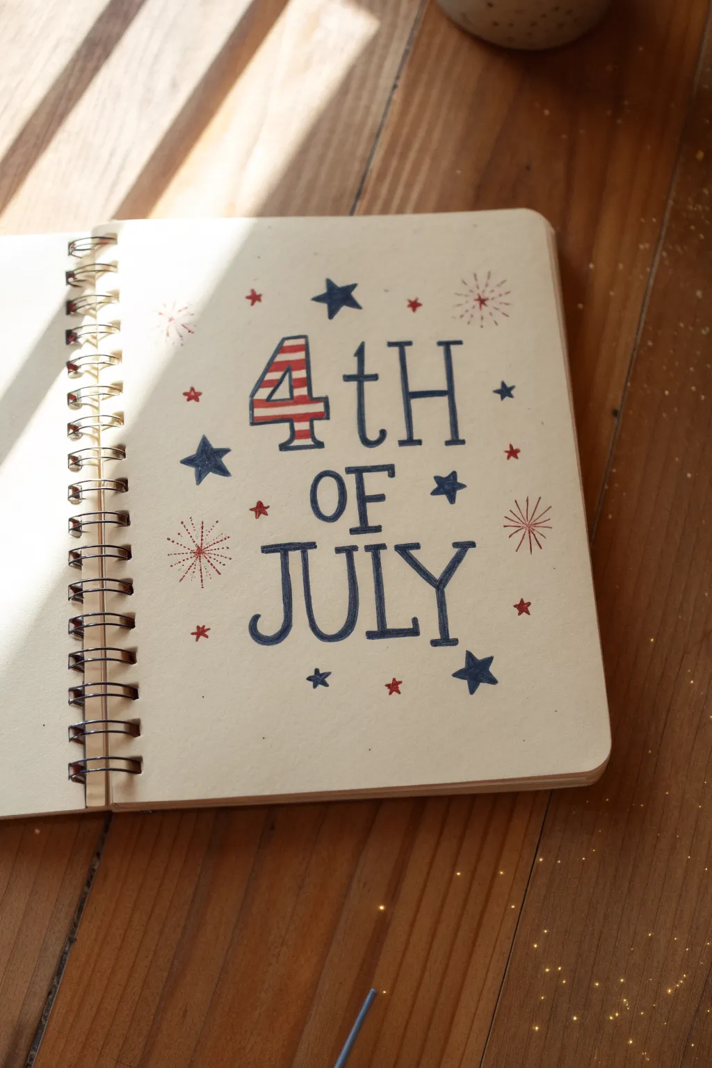 Playful hand-lettered 4th of July doodle with stars, stripes, and subtle sparkles