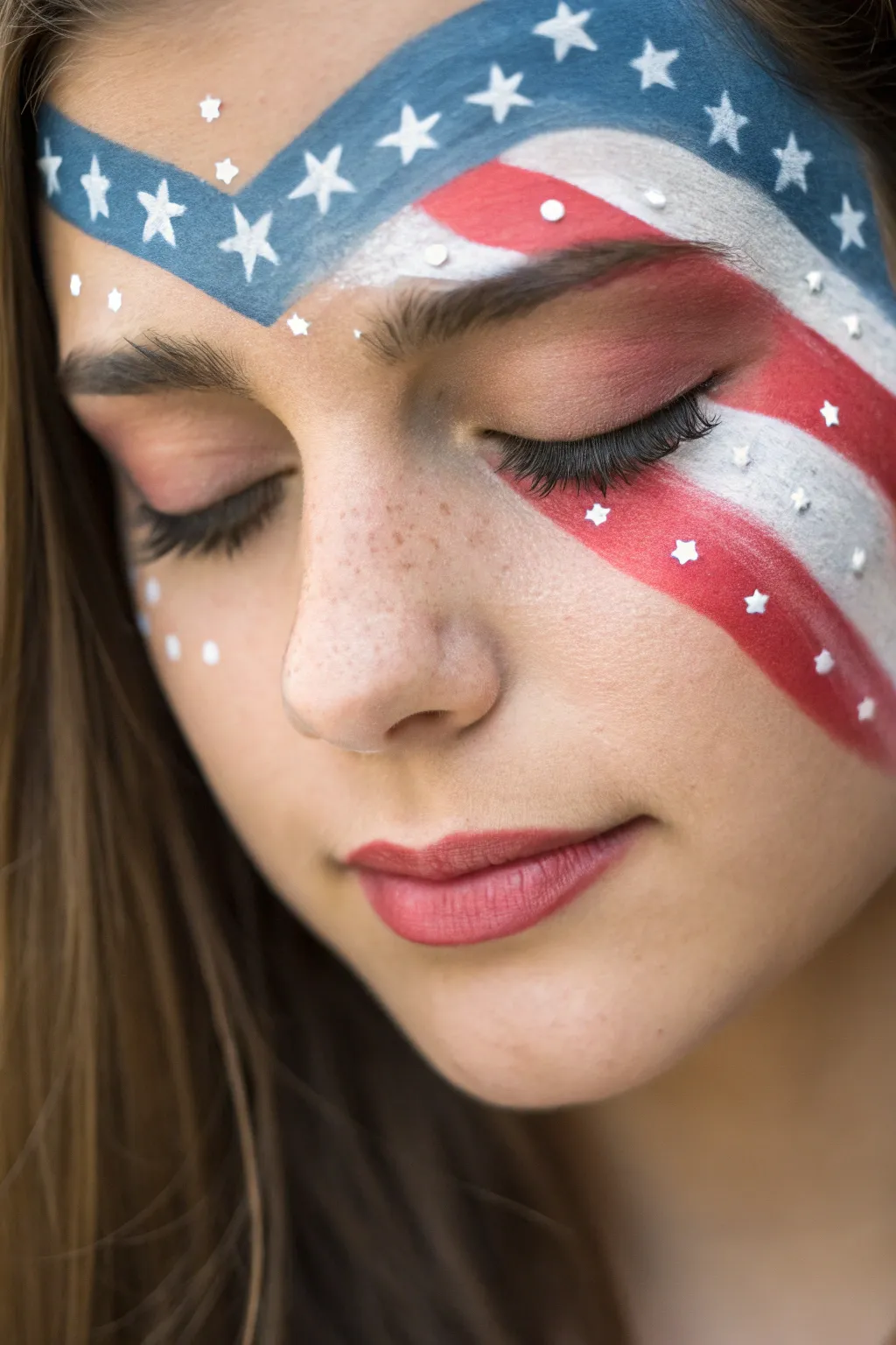 Star-spangled eye mask face paint in blended red, white, and blue with soft white star speckles