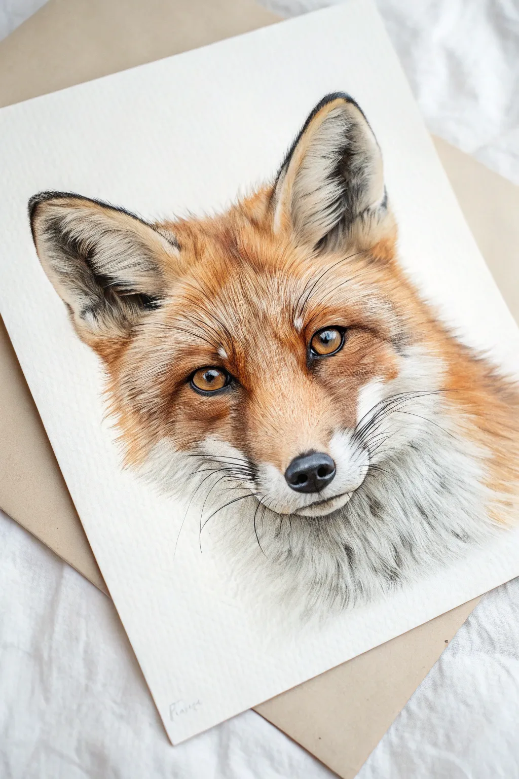 Front-facing fox portrait with bold eyes and rich muzzle shadows for a striking minimalist study.