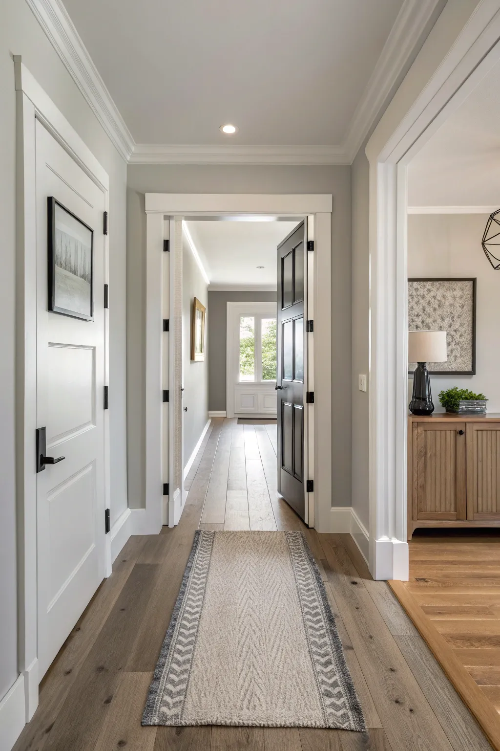 Light greige foyer that flows into nearby rooms, grounded by a dark rug and warm pendant.