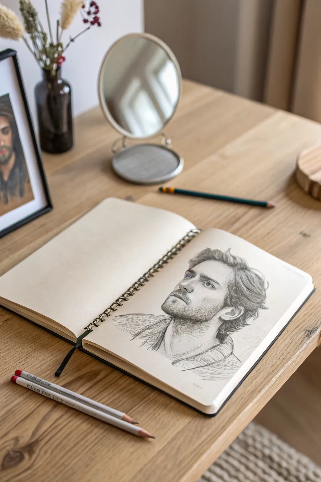 Mirror self-portrait idea: soft pencil shading, visible construction lines, calm minimalist mood.