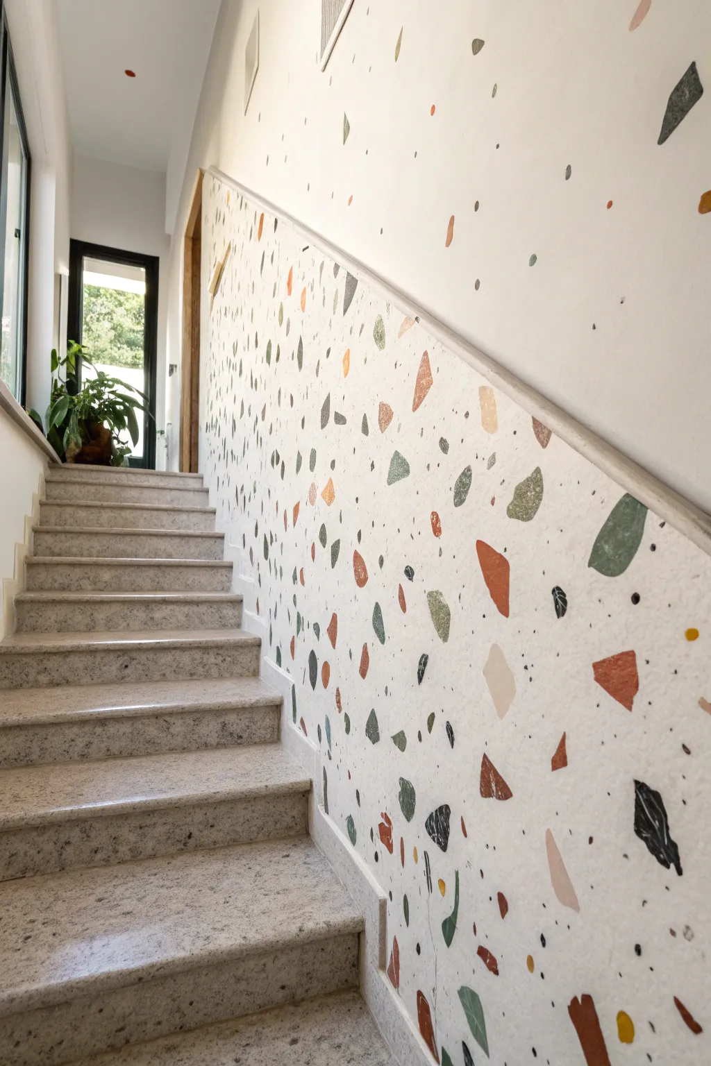Soft terrazzo confetti chips add playful freehand charm to a clean Scandinavian wall.