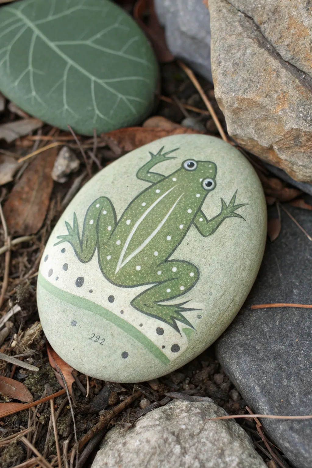 Top-down frog rock with splayed webbed feet in soft sage tones on warm craft paper