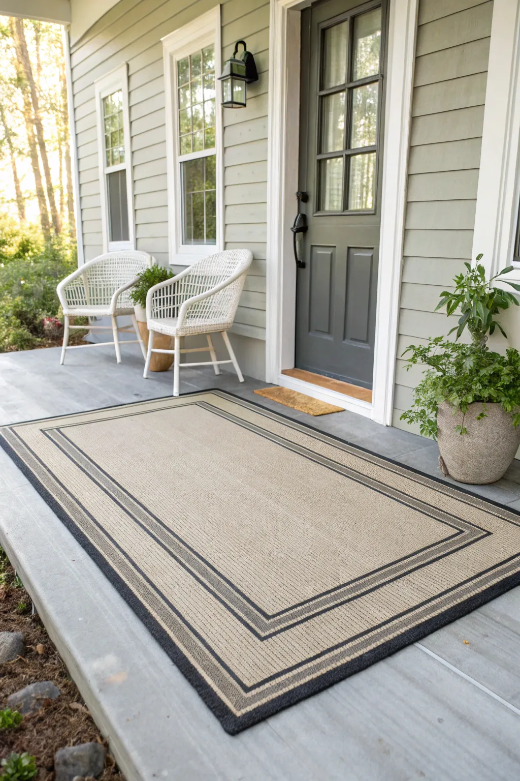 Chic painted rectangle rug brings cozy Scandinavian-boho style under porch seating in minutes.