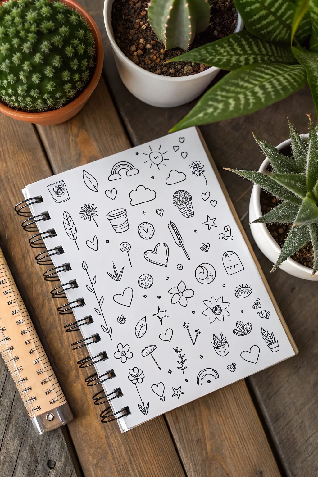 Full-page doodle collage of tiny everyday icons in crisp ink, minimal yet richly detailed