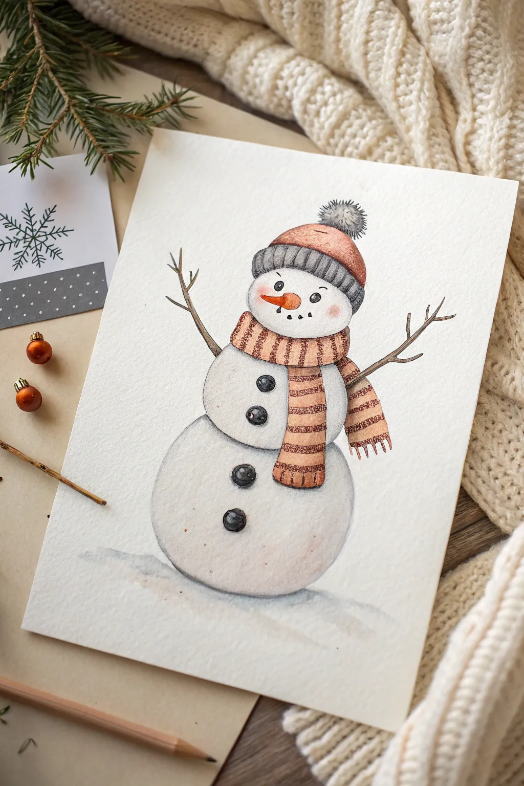 Happy snowman drawing with a cozy striped scarf, minimal Nordic style, and crisp festive contrast