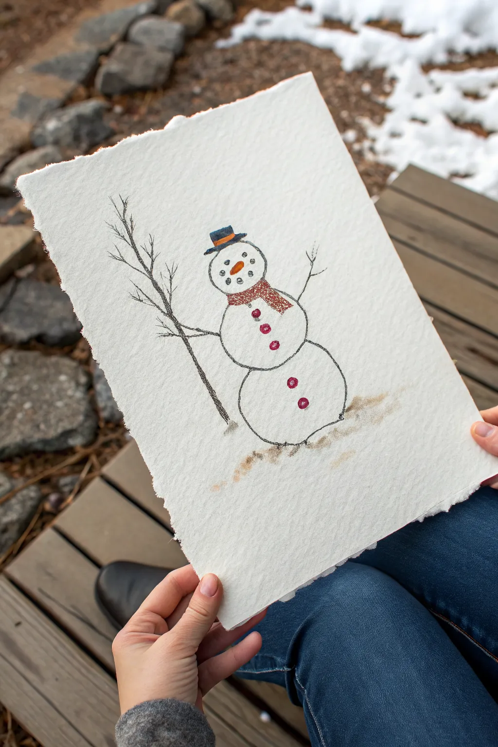 A wonky snowman drawing with mismatched snowballs and peppermint buttons for a funny Christmas idea