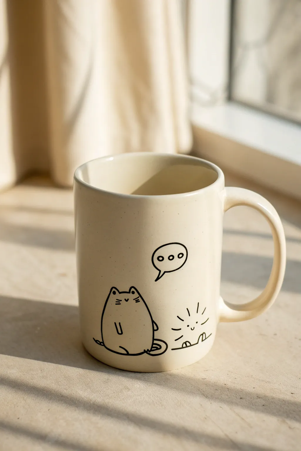 Minimal line art mug with a cute critter and an empty speech bubble ready for snark