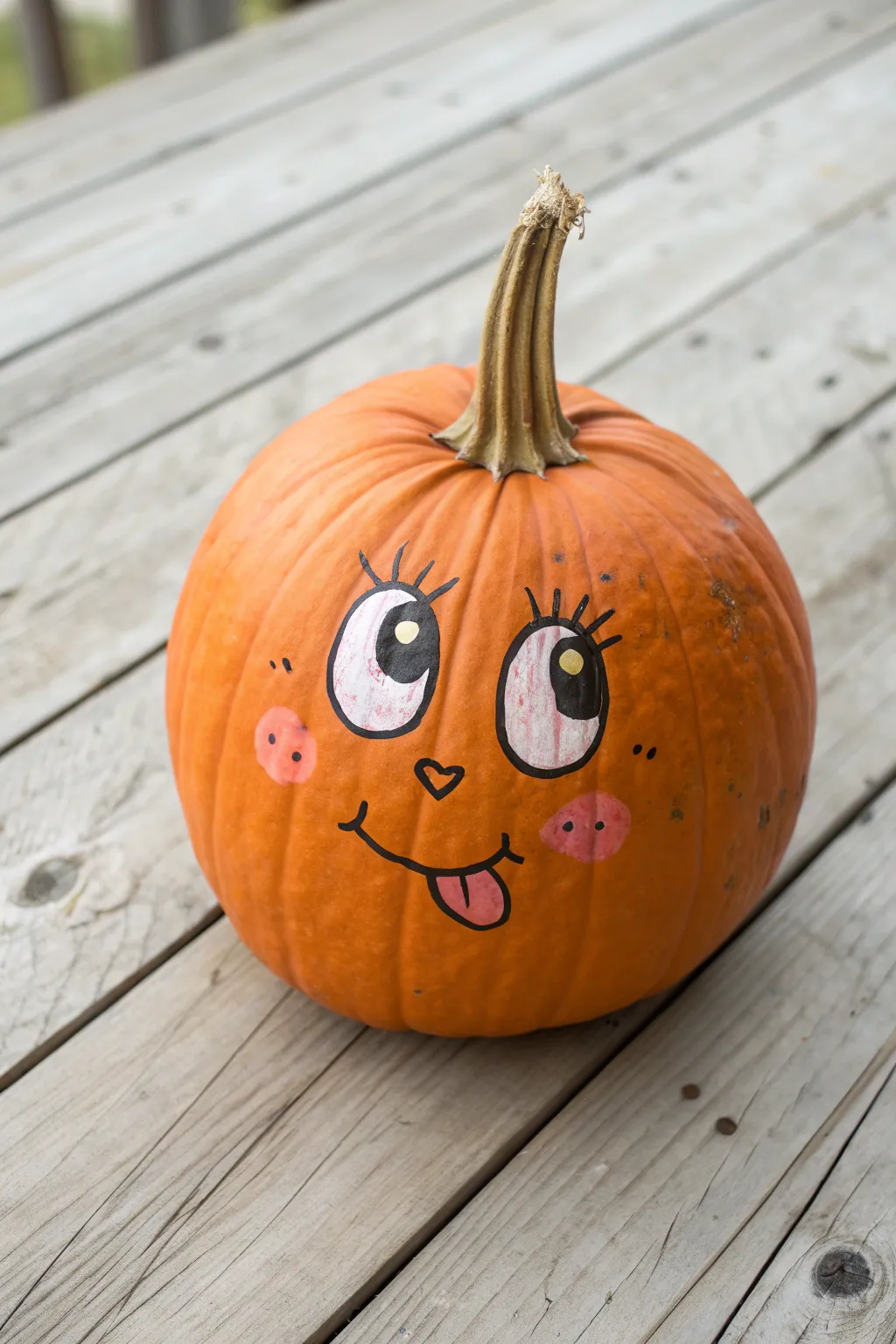 Cross-eyed derp pumpkin with a tiny tongue, painted in a minimal boho Scandinavian style.