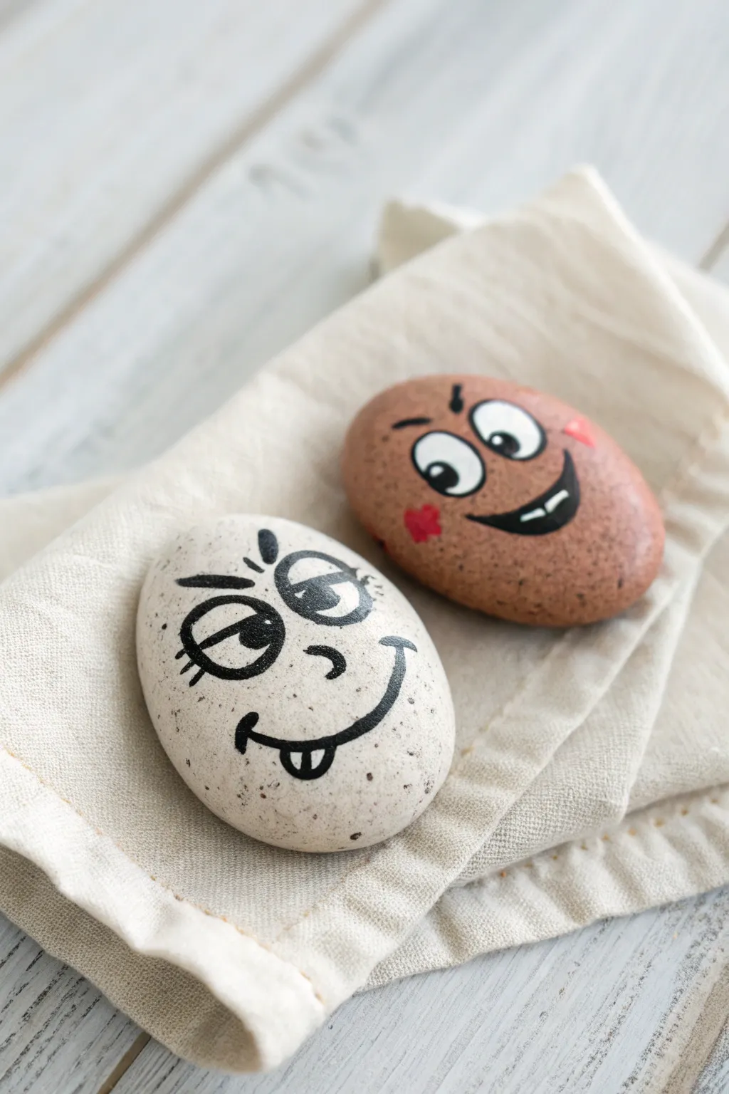 Grumpy rock meets happy rock, side-by-side for a cute and funny painted face contrast