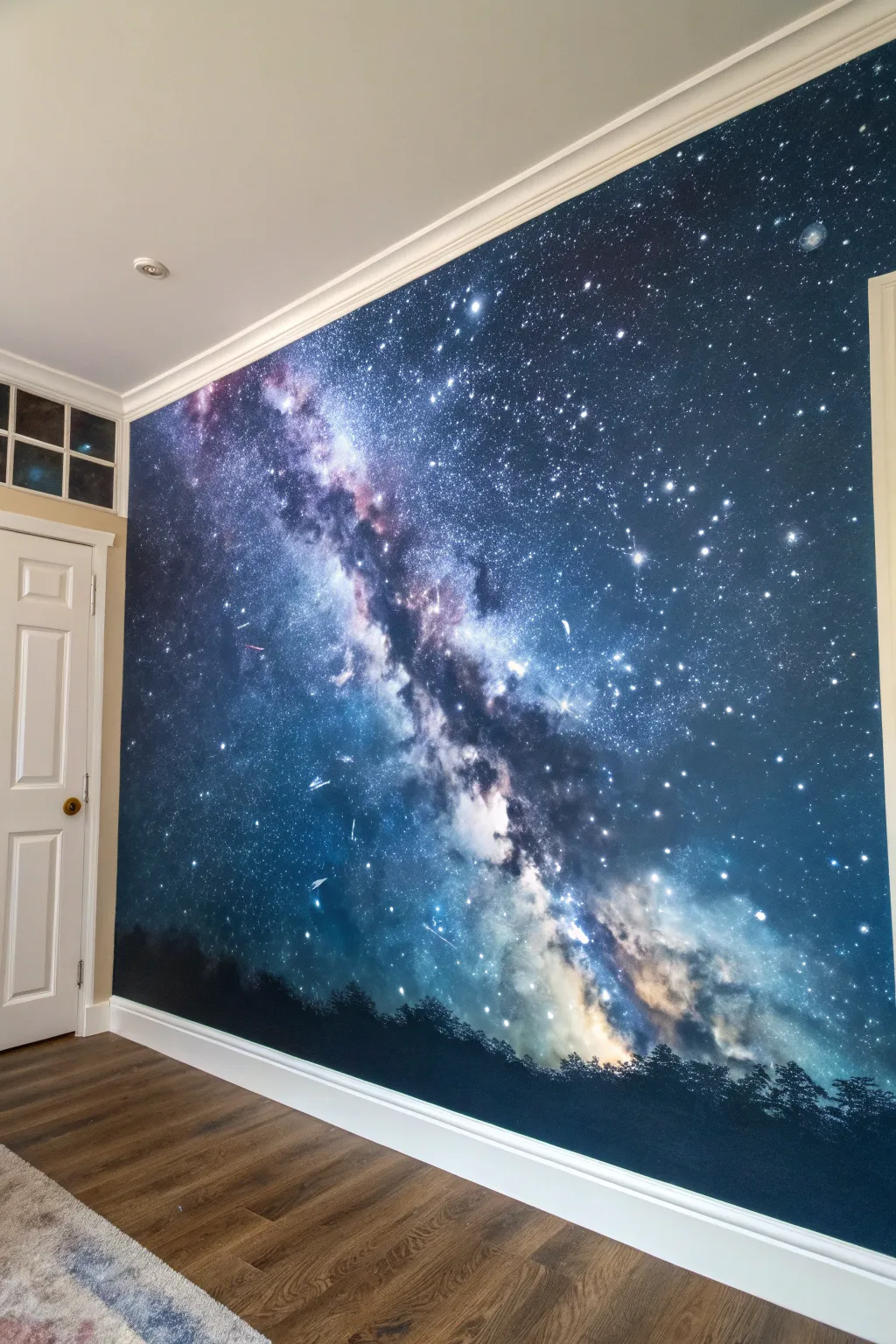 Milky Way diagonal band mural with misty glow and dense stars for a calm, dreamy galaxy wall