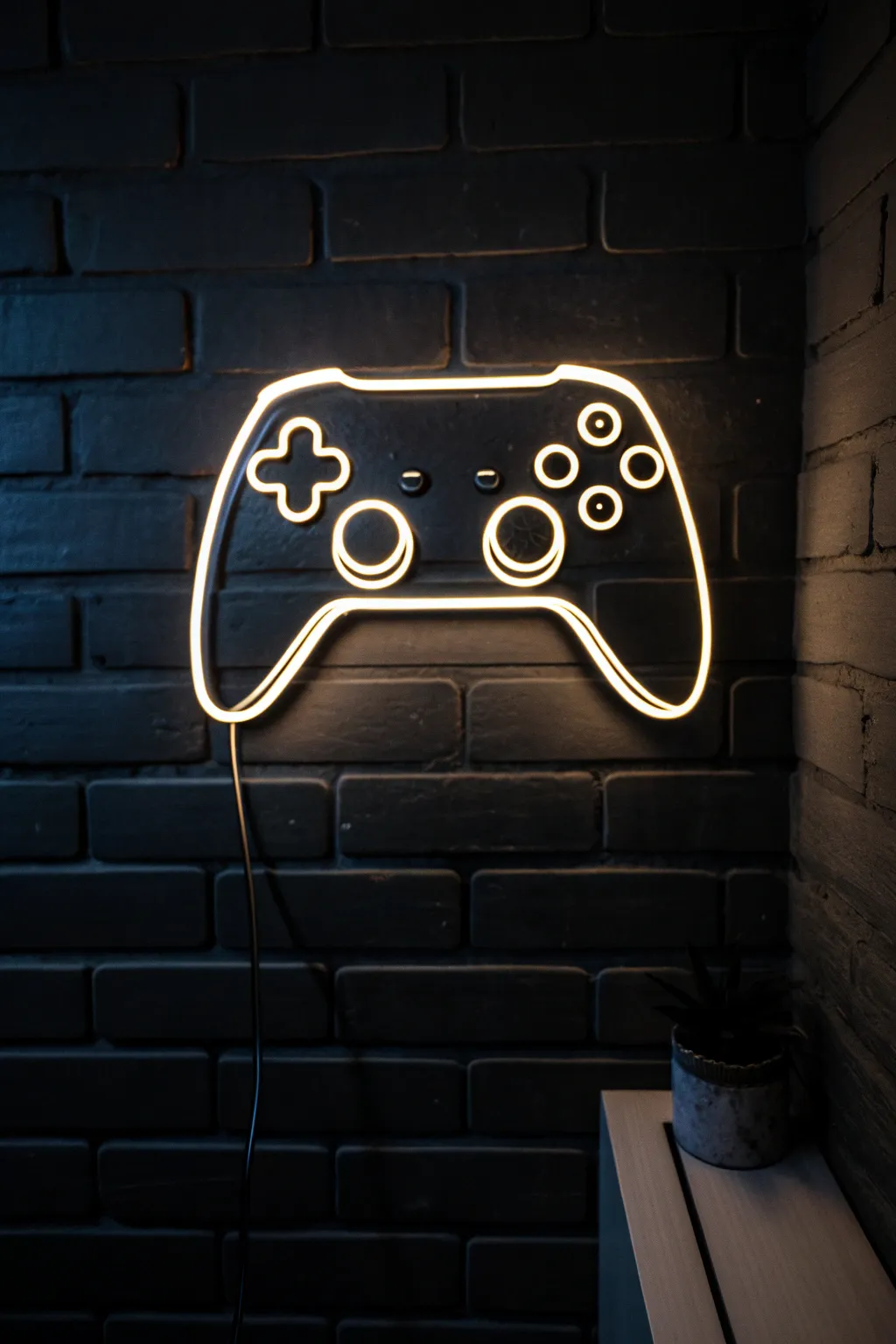 Minimal neon controller glow on deep black, a chic gaming painting reference with modern calm.