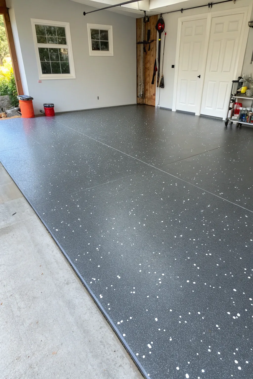 Charcoal garage floor base with crisp white flakes, plus a small bare concrete corner for before-after.