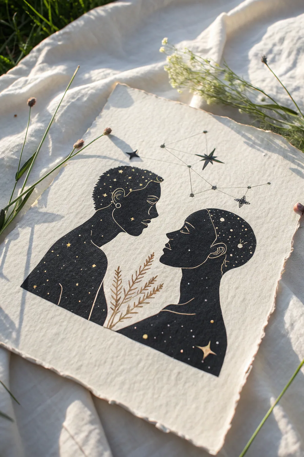 Gemini twin silhouettes filled with stars, minimalist boho line art for a dreamy sketchbook page.