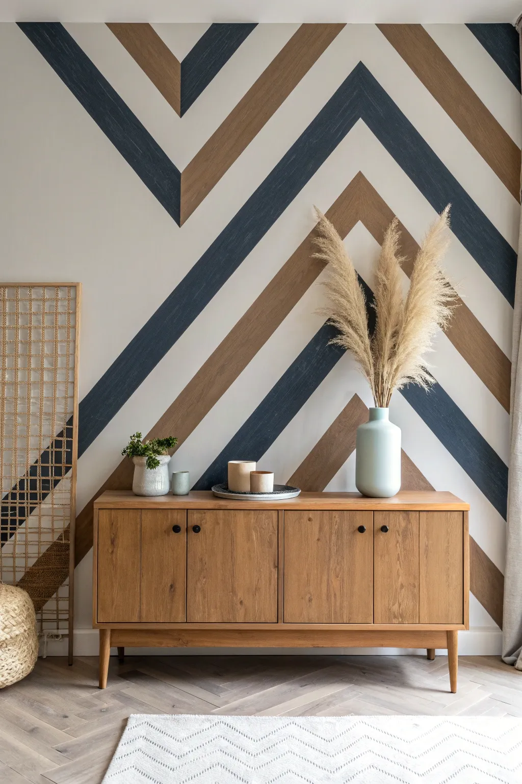 Bold chevron feature wall in cream, terracotta, and charcoal, crisp taped lines, Nordic calm.