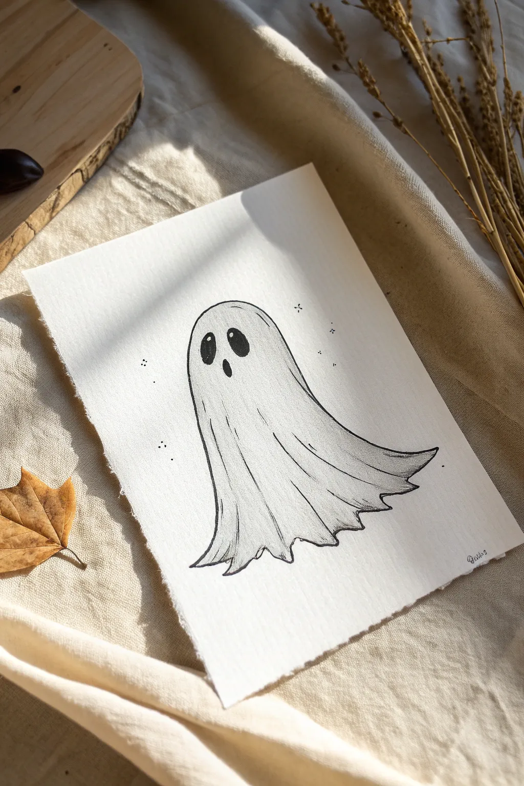 Minimalist side-swoosh ghost sketch with soft shadow, perfect for cozy spooky doodles