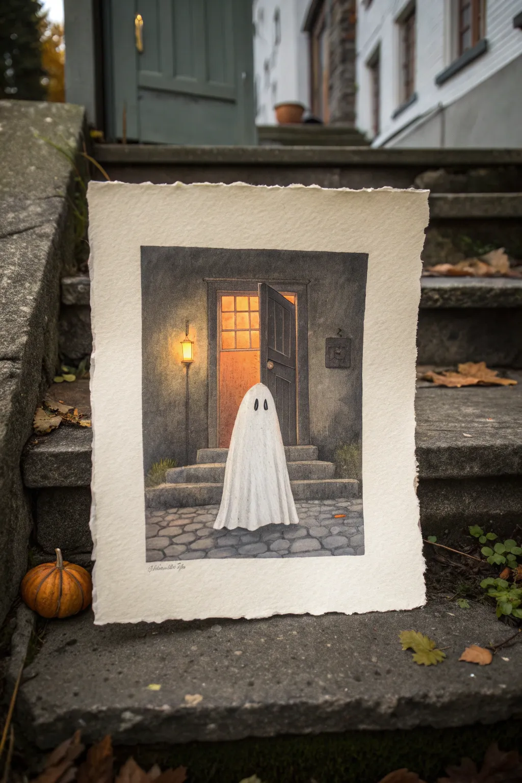 Paint a friendly ghost glowing in a crooked haunted doorway, minimal, cozy, and spooky.