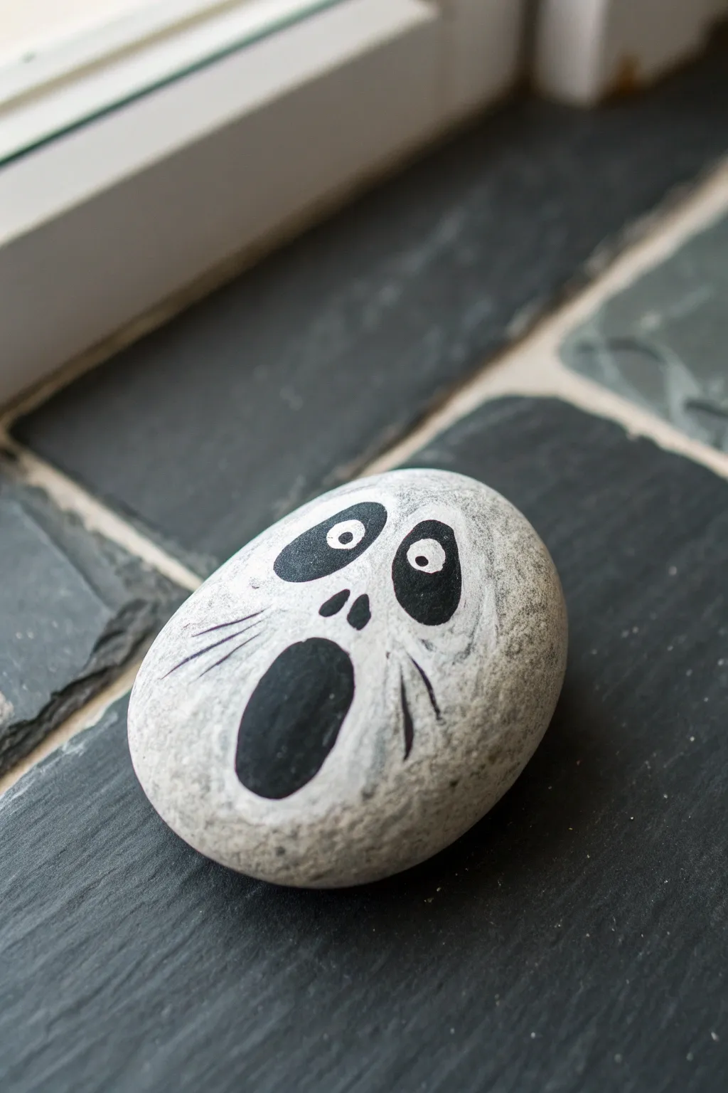 Paint a hollow-eyed wailer ghost on a smooth rock for an eerie, minimalist spooky accent.