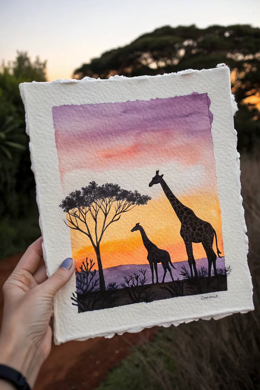 Minimalist sunset giraffe silhouettes in bold gradient sky, an easy striking painting idea