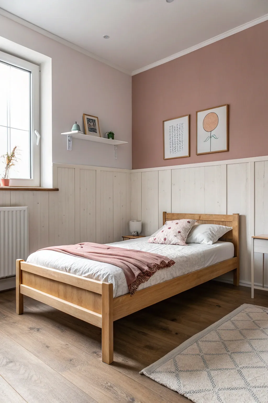 Dusty rose half wall with creamy white above, framing a cozy minimalist bed in a girls room.