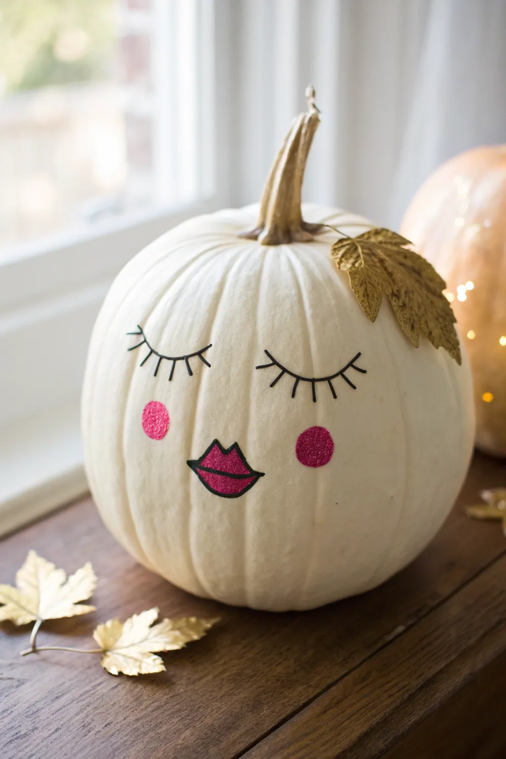 Minimal glam pumpkin with glossy pink lips and a tiny gold stem accent, Scandinavian chic
