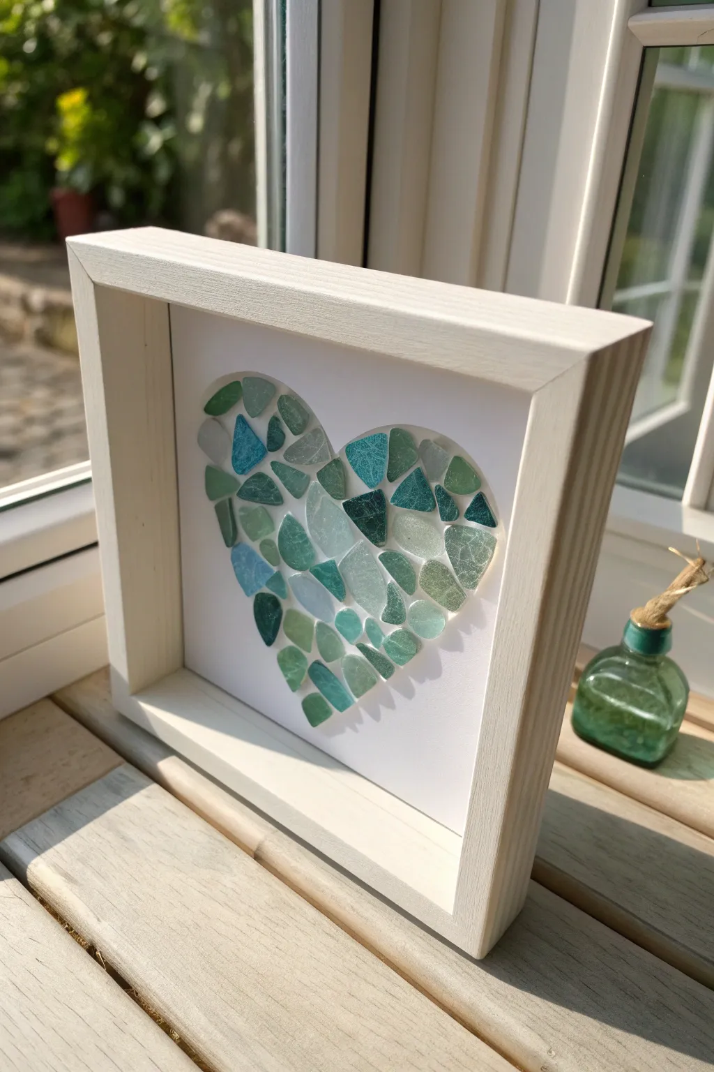 Ocean-toned sea glass mosaic heart in a clean shadow box, minimalist boho craftsmanship.