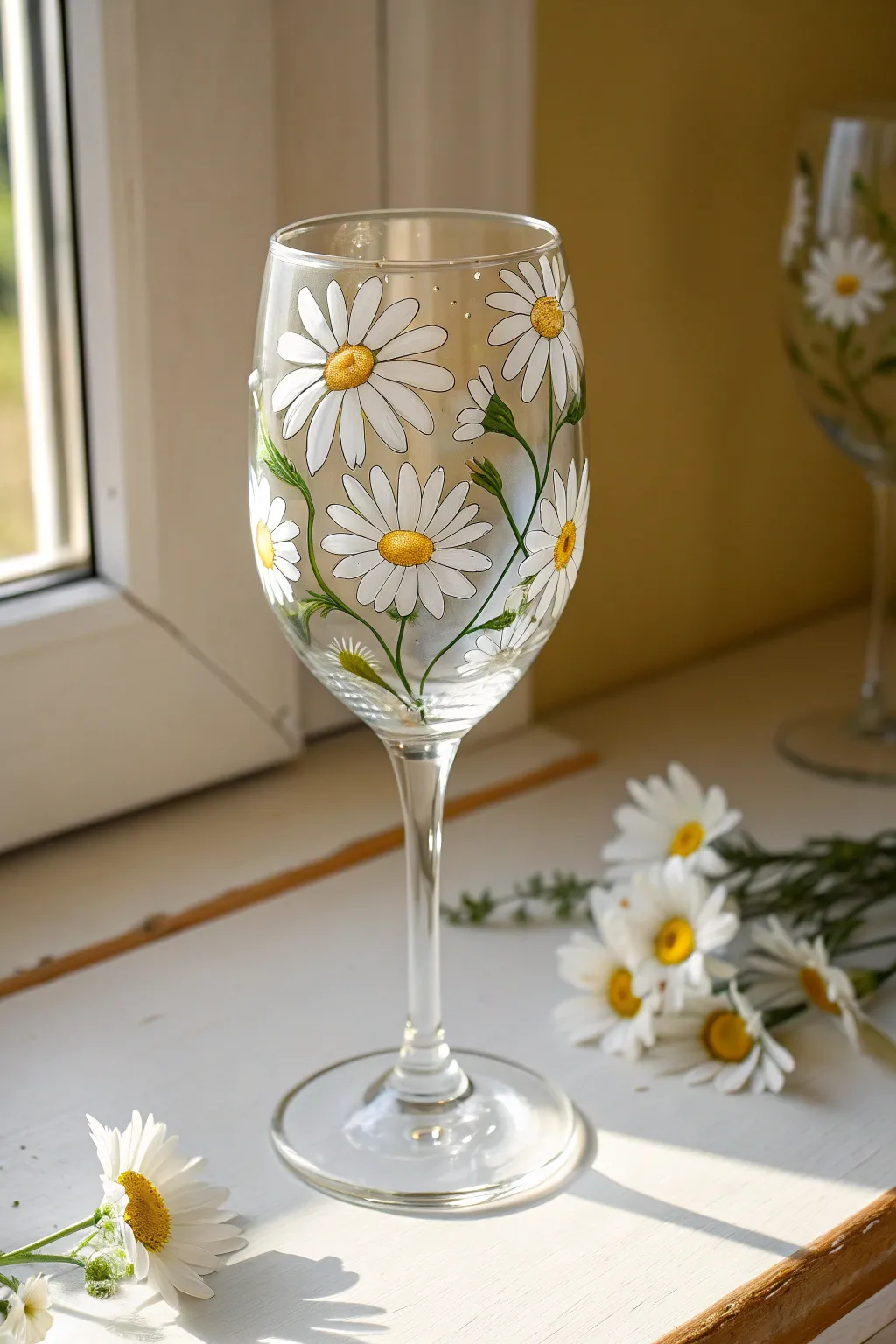 Hand-painted daisy wine glass on a bright table, minimalist boho charm with crisp contrast