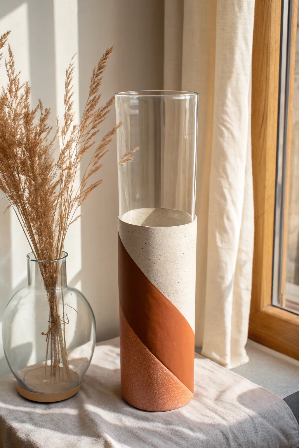 Two-tone diagonal color split on a clear glass vase with a crisp tape line for a modern DIY look.
