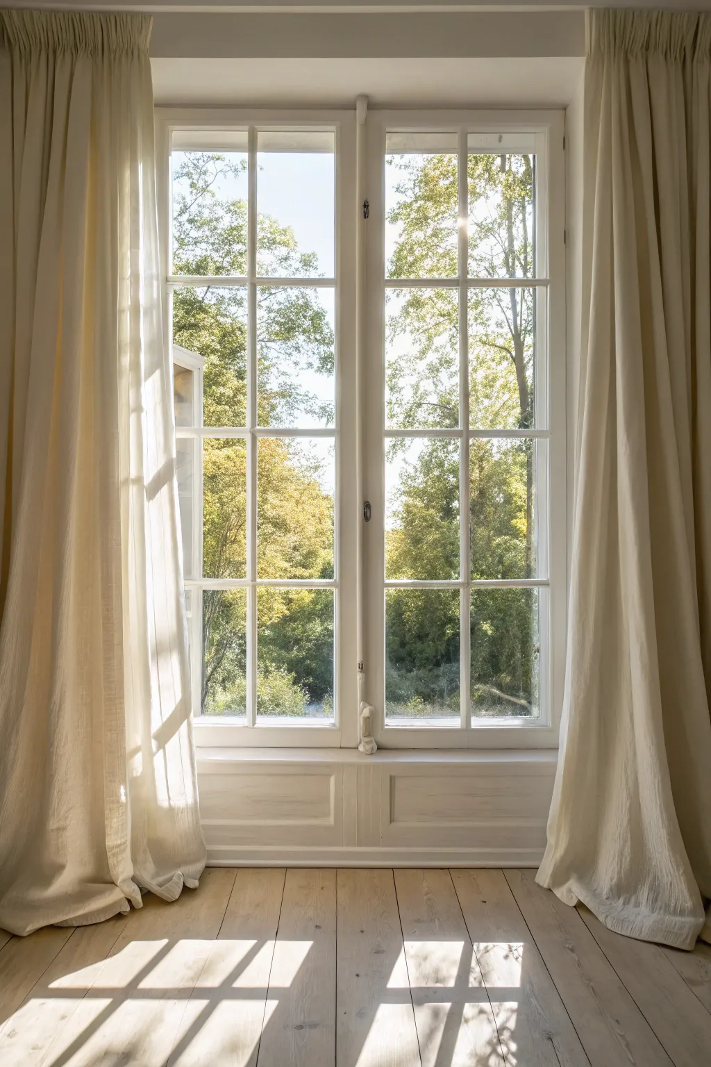 Classic multi-pane grid window with sunlit rectangles and a cozy minimalist Scandinavian feel