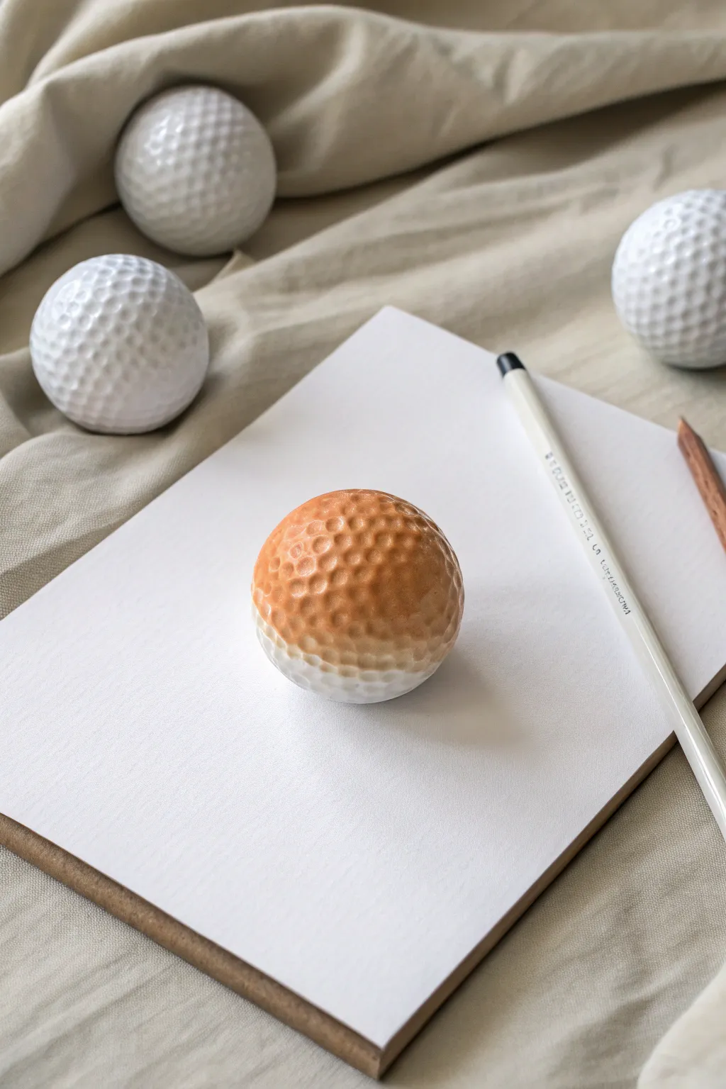 Two-tone golf ball drawing with a razor-clean center line, minimalist setup and soft boho light.